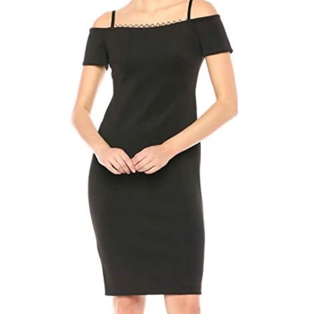 NWT Calvin Klein Women's Chain Detail Neck Cold Shoulder Sheath Dress